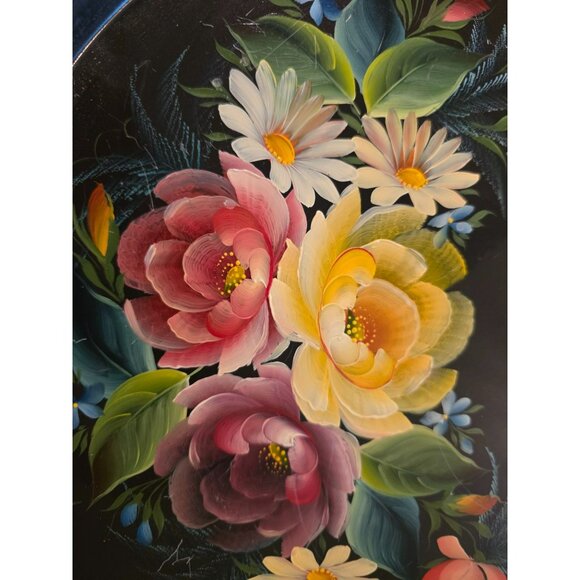 VTG Floral Toleware Russian Metal Round Tray Stamped Hand Painted Gold Trim 14" - Picture 4 of 5